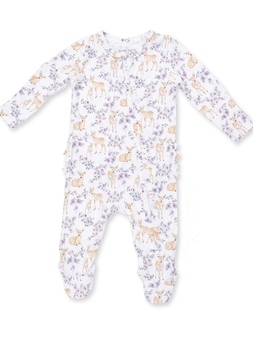 Angel Dear Lavender Floral & Tan Deer Ruffle Back Footie 0-3 3-6 6-9 months